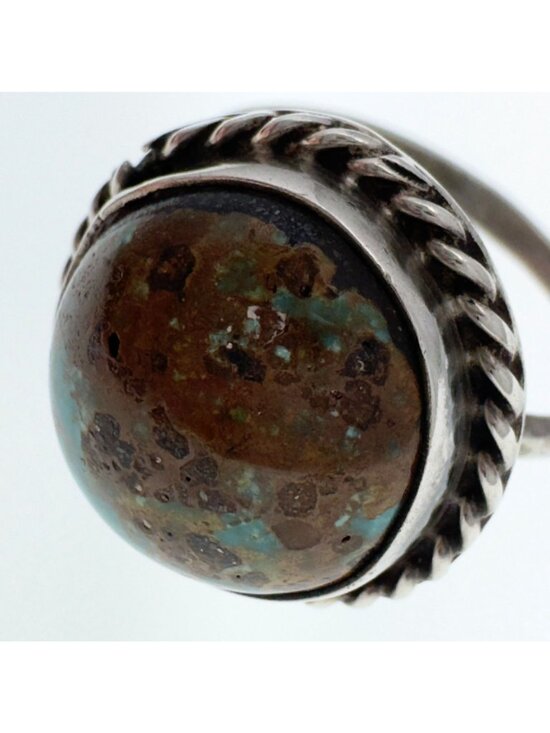 Sterling Silver Ring Turquoise Cabochon Twisted Rope Size 8 Artisan-Made Vintage - Picture 10 of 10